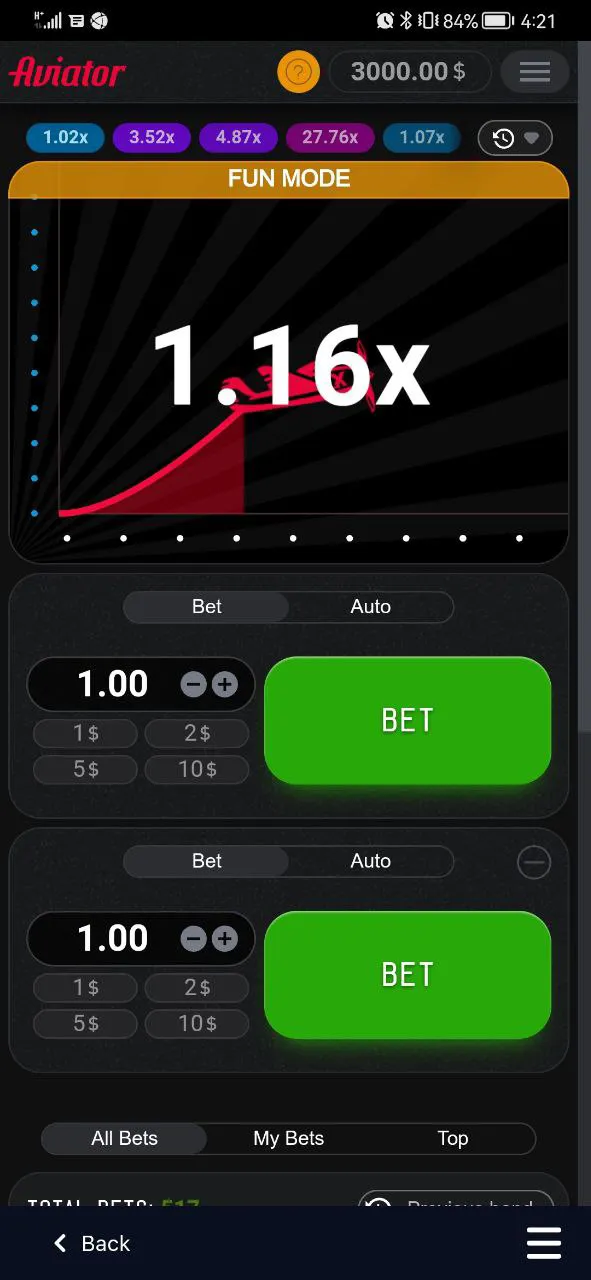 Betting coefficients in Aviator.