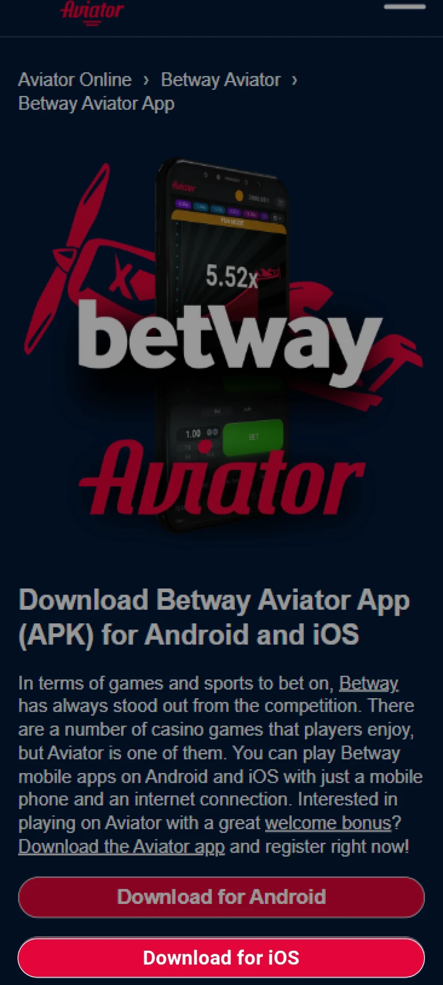 Jogue Aviator através do aplicativo Betway em seu dispositivo iOS.