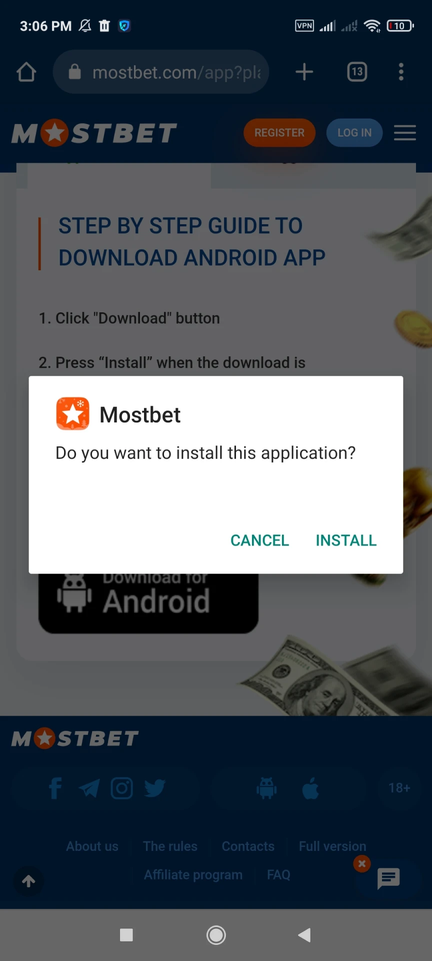 Install the Mostbet app for Android on your smartphone.