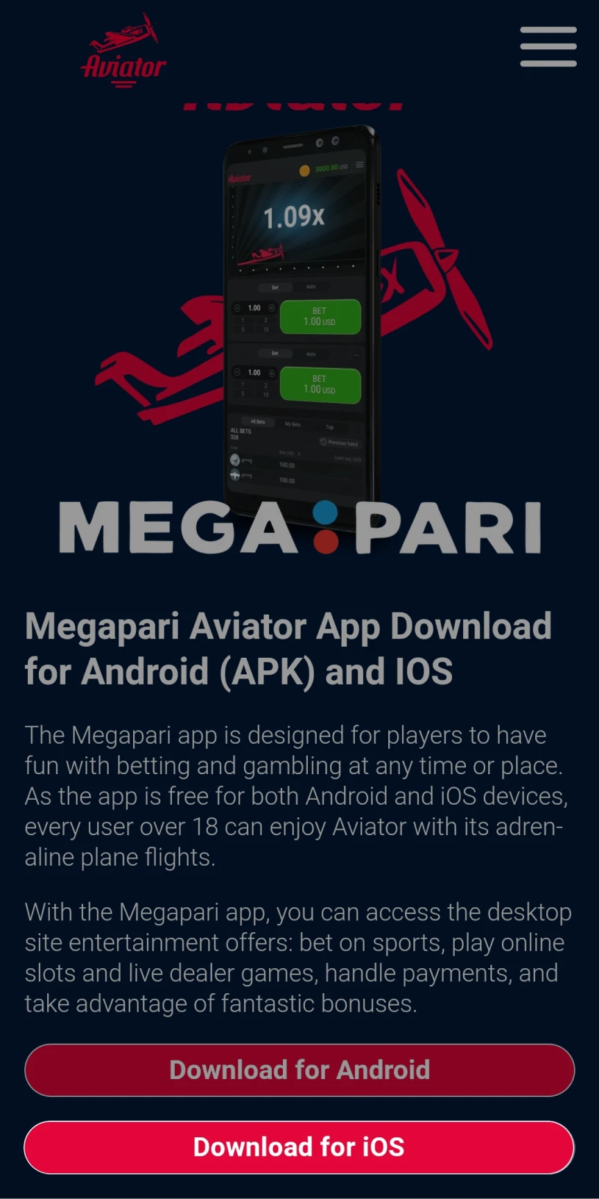 Go to the Megapari homepage to download the app for iOS.