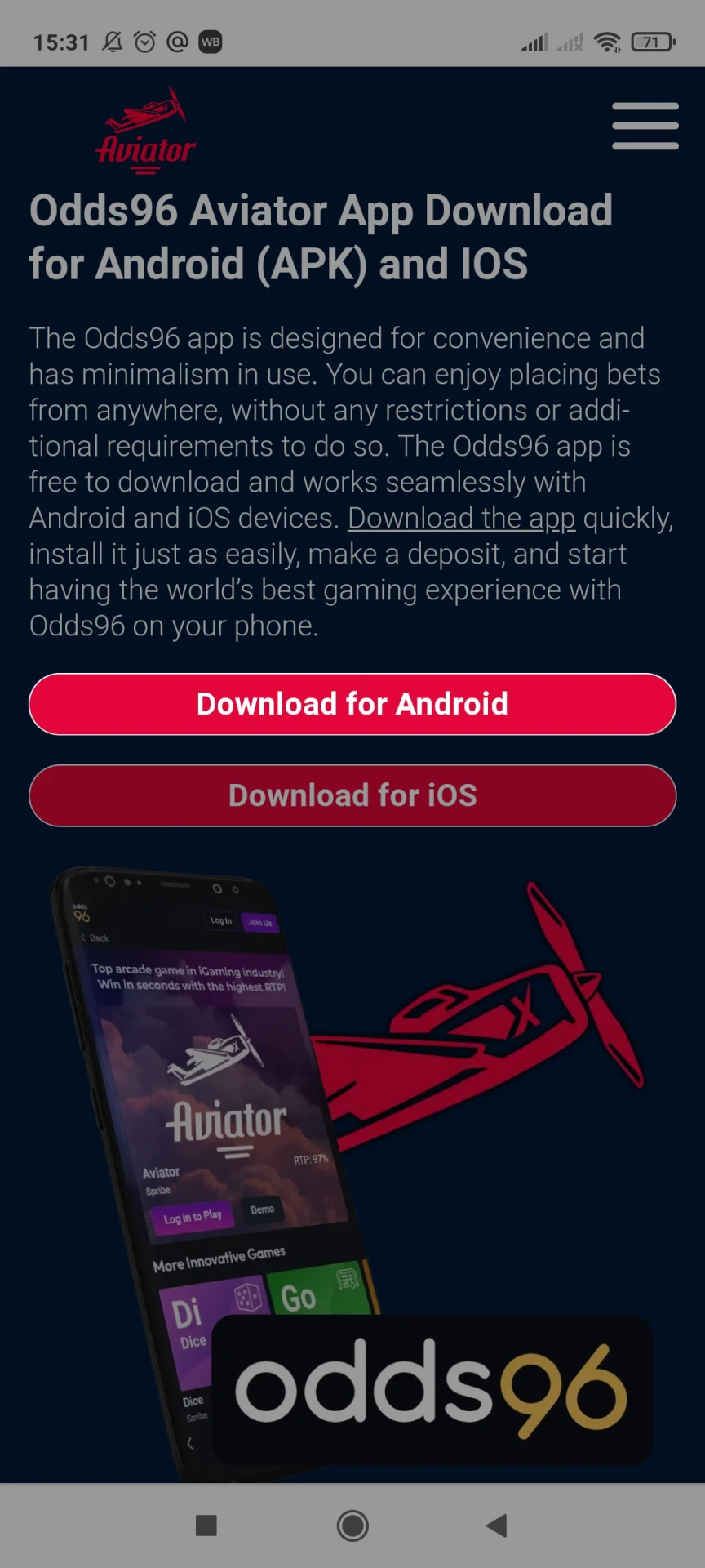Go to the main page to download the Odds96 app for Android.