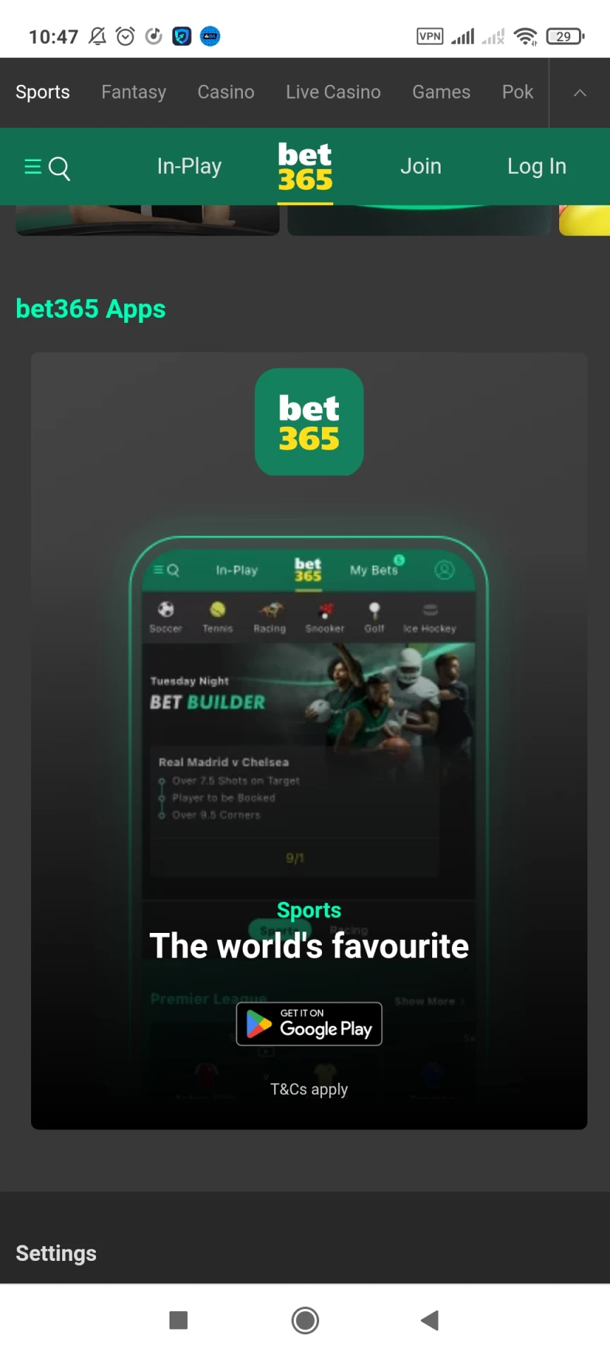  Faça o download do aplicativo Bet365 para Android.