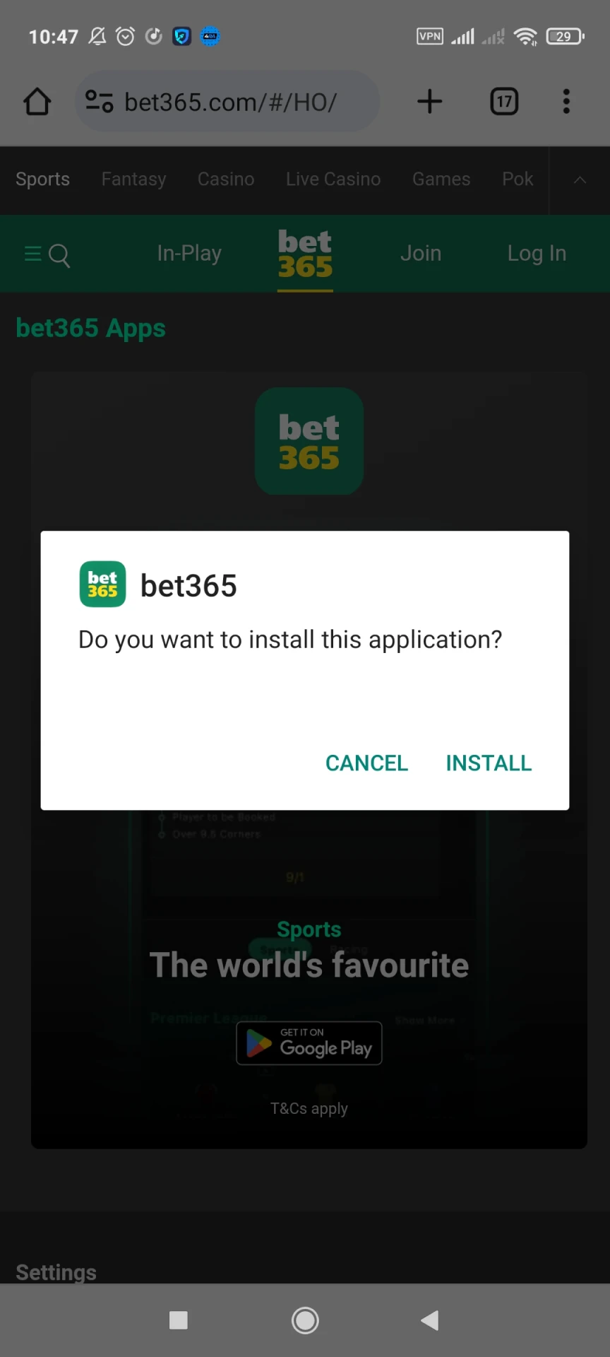 Comece a instalar o aplicativo Bet365 no Android.