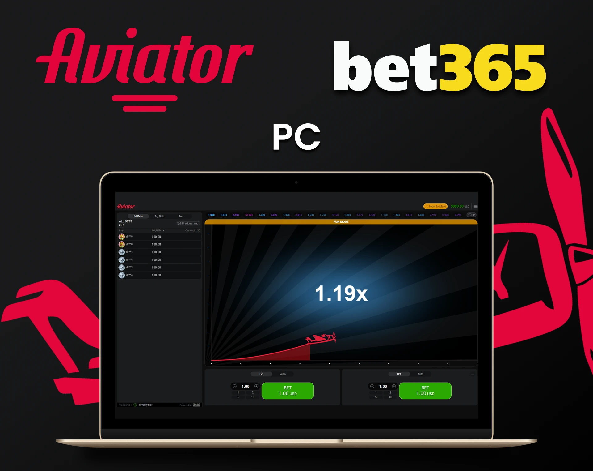 Você pode jogar Aviator na Bet365 através de seu PC.