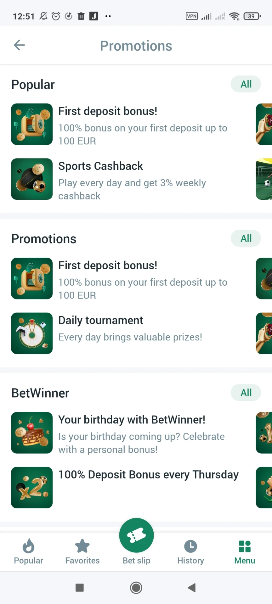 Visit the page with bonuses in the Betwinner application.