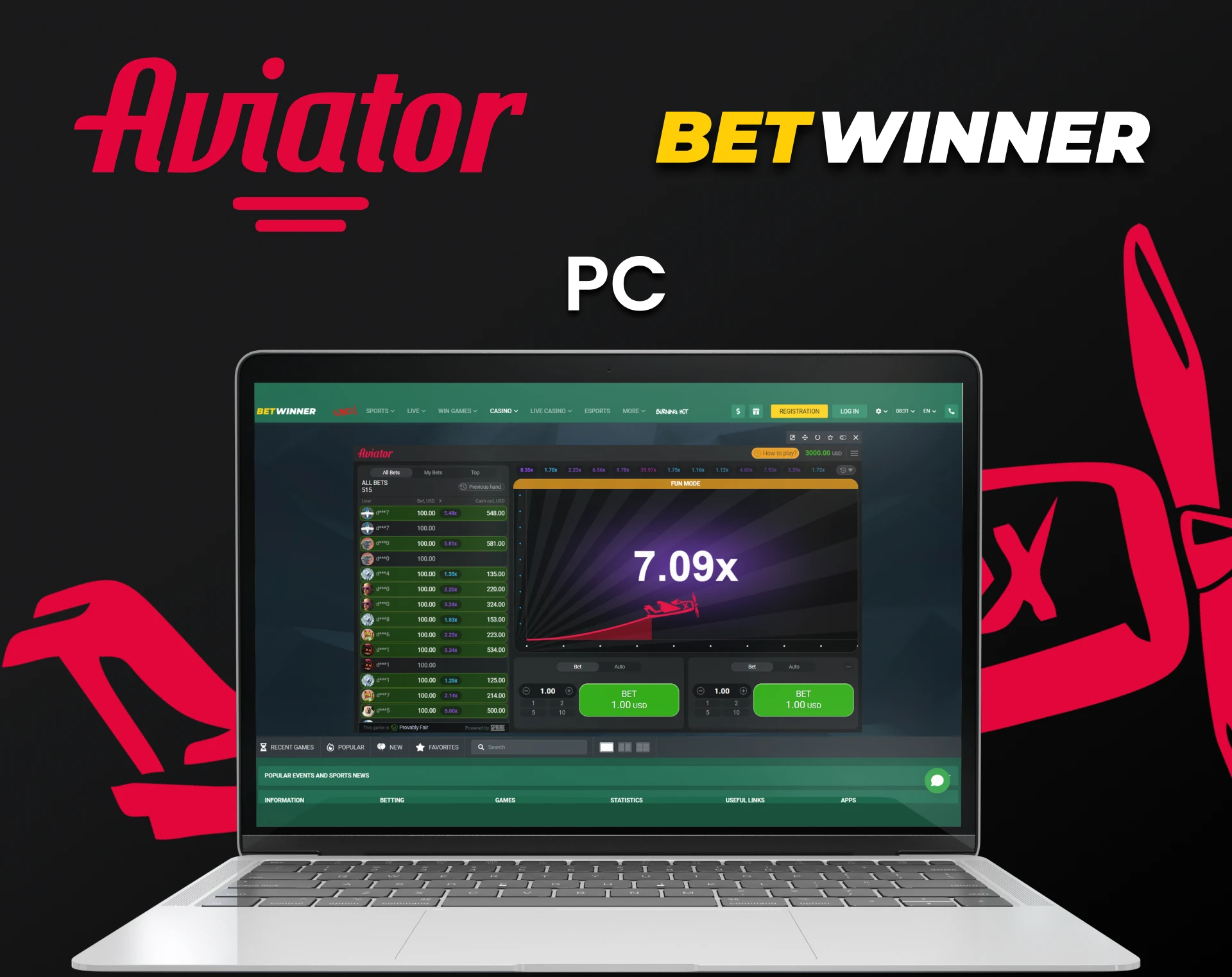 Use your PC to play Aviator on Betwinner.