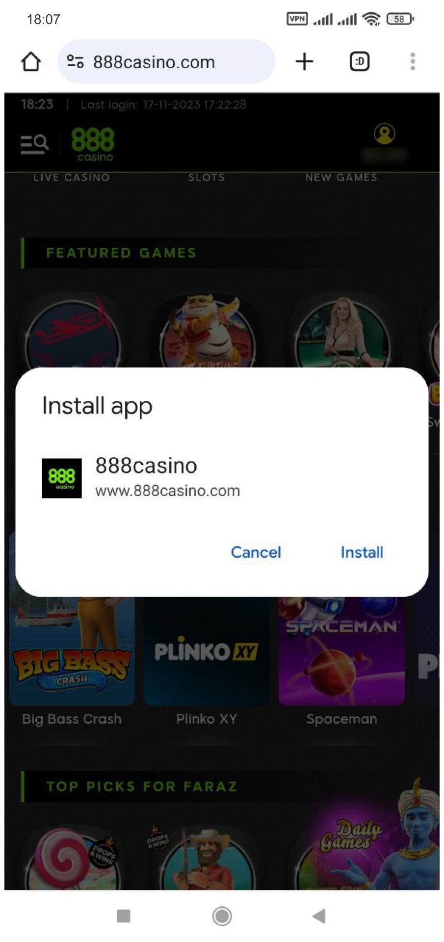 Instale o aplicativo 888 casino.