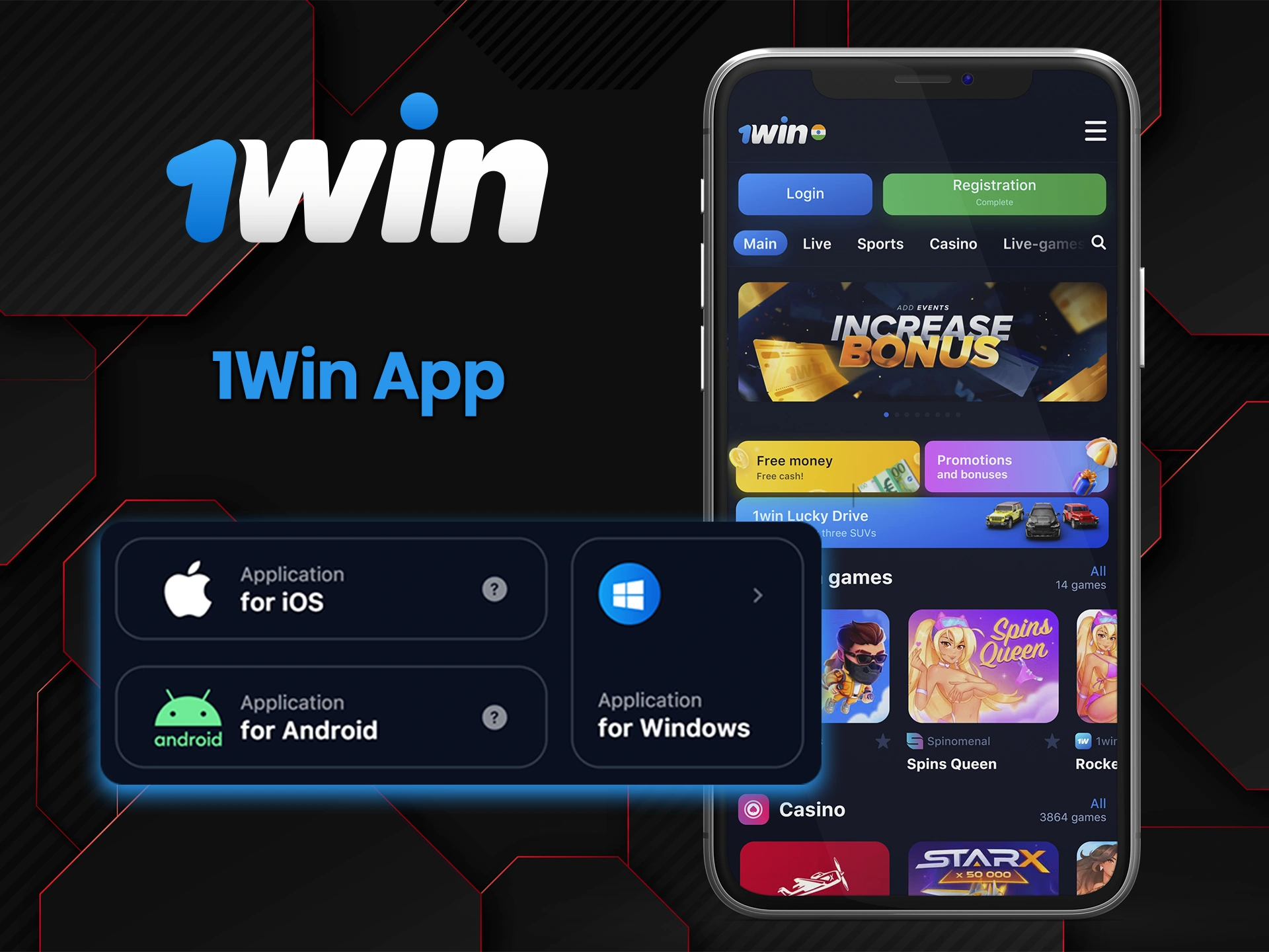 Install the 1Win app for iOS, Android, or PC.