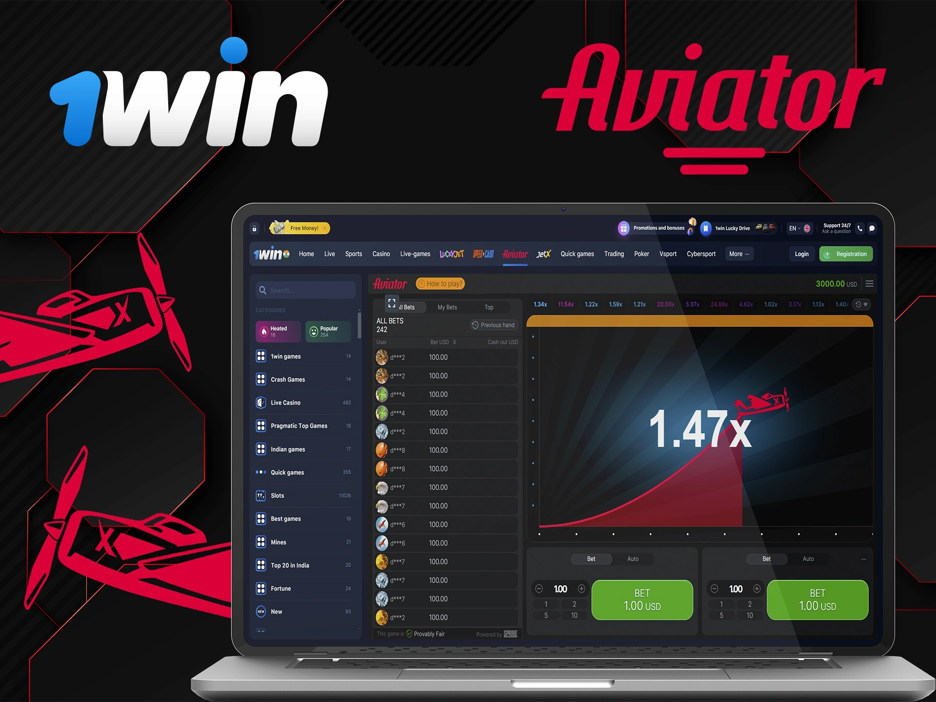 Open the official 1Win website and start playing Aviator.