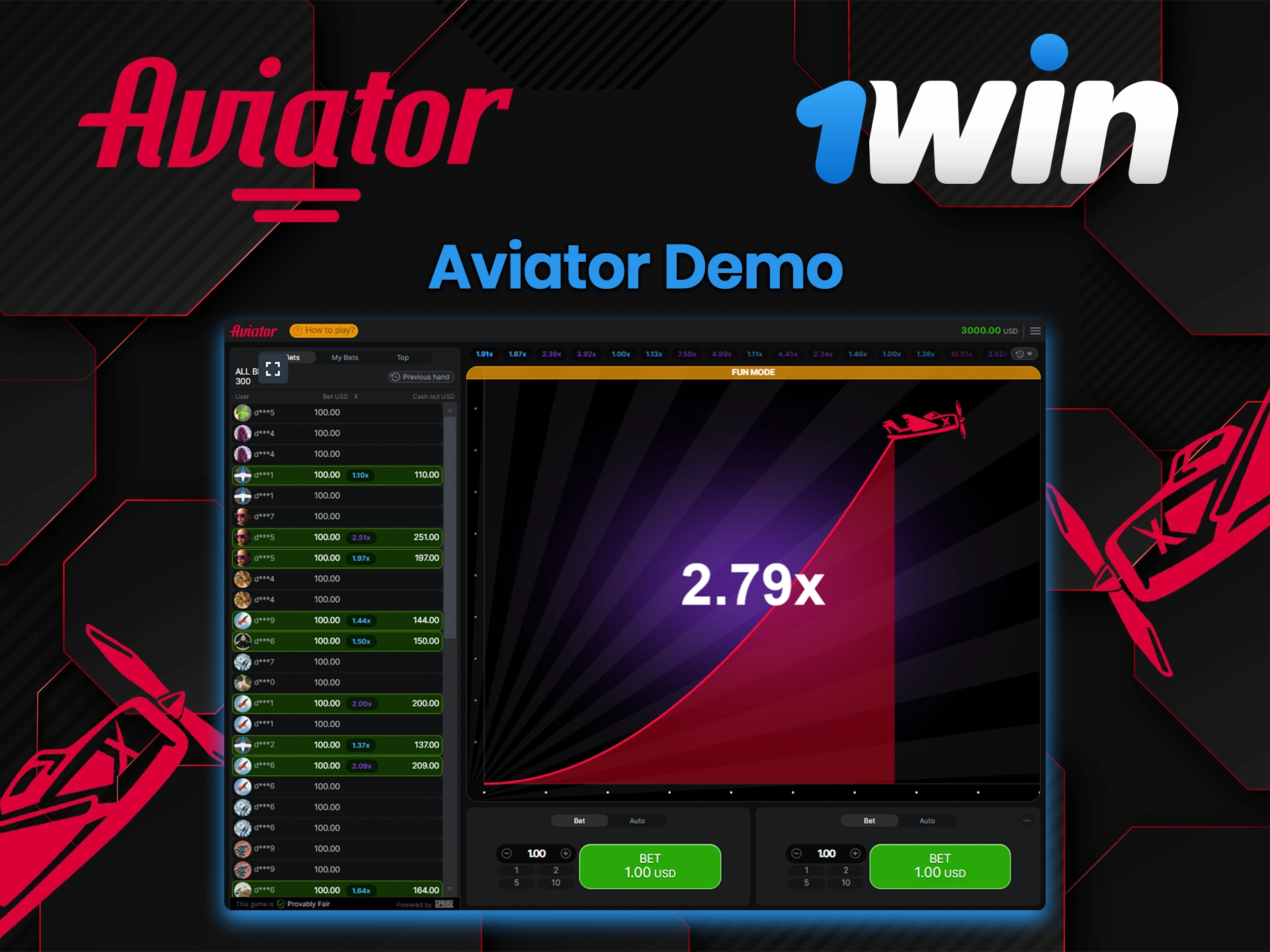 Choose the Aviator demo at 1Win to get a closer look at the game.