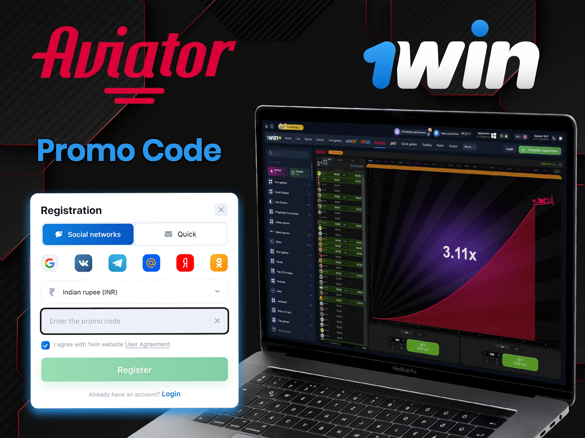 Enter the promo code and get a big 1Win welcome bonus for Aviator.