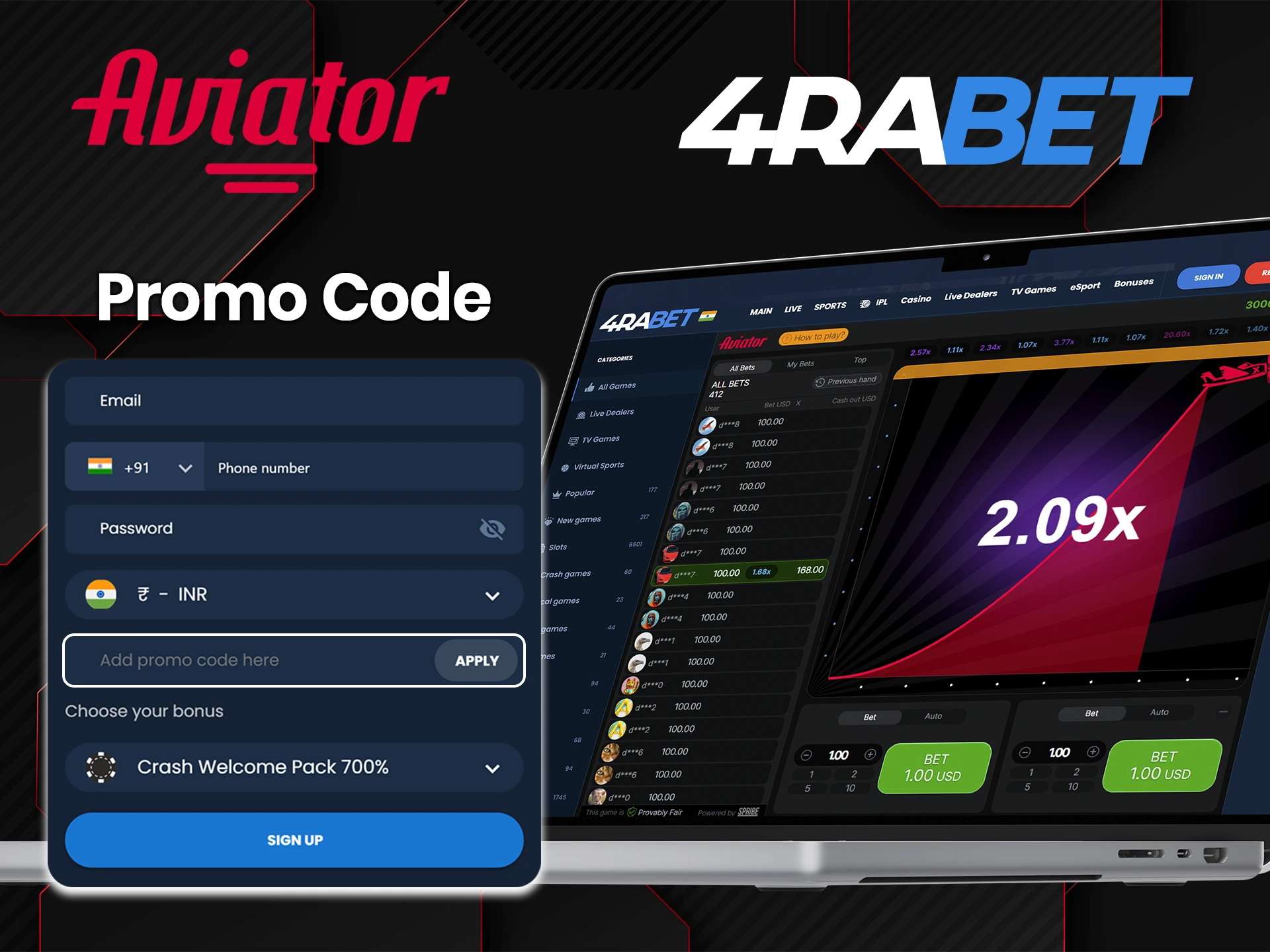 Don't forget to enter the promo code to get the 4rabet bonus and use it in the Aviator game.