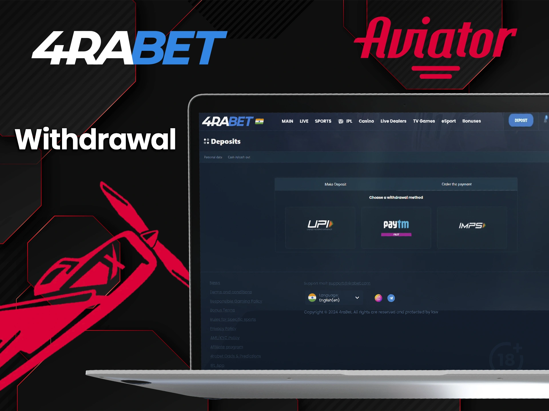 Win at Aviator game and withdraw funds using the methods available at 4rabet.