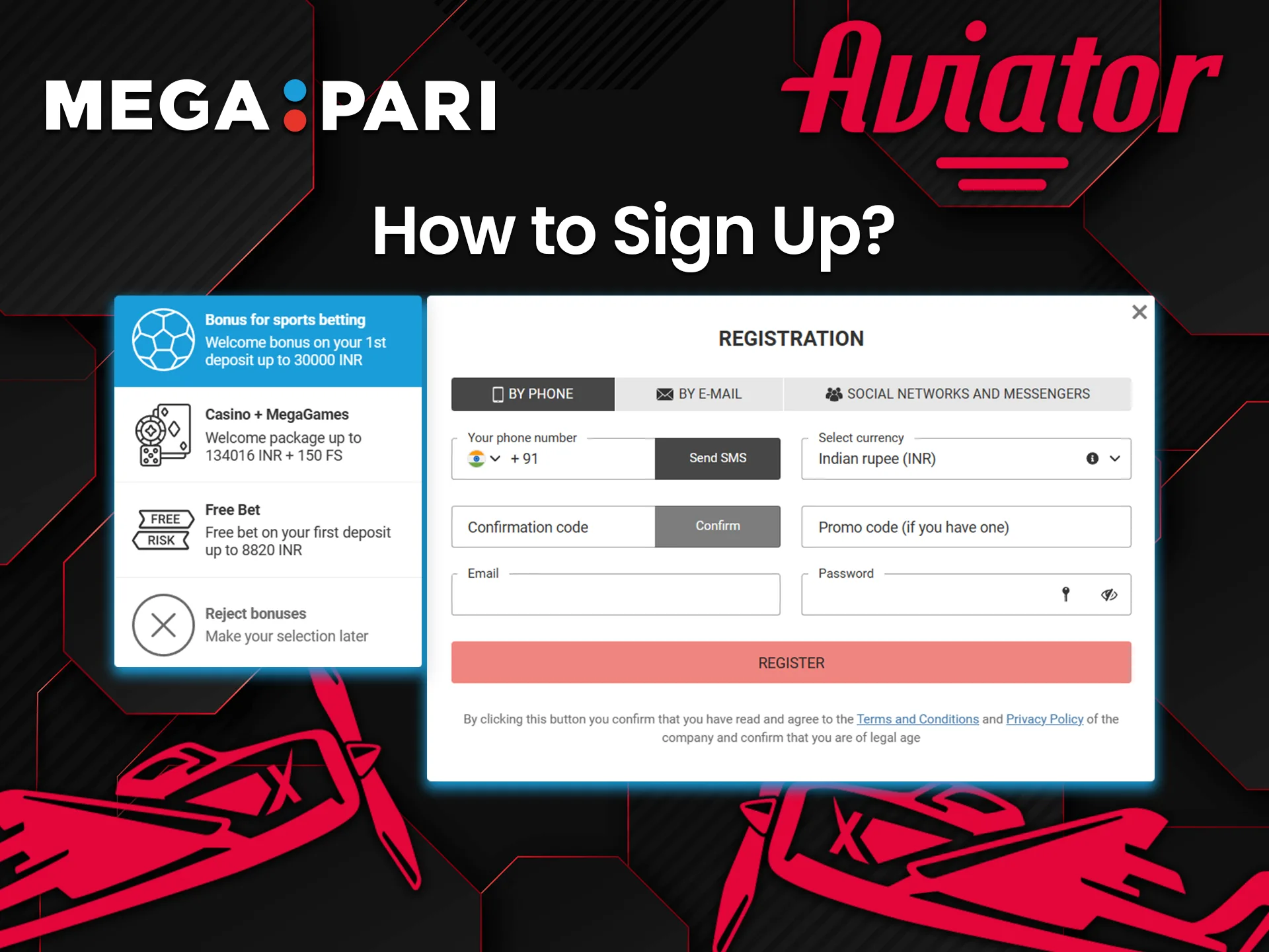 You can make your first bet at Aviator only after registering on Megapari.