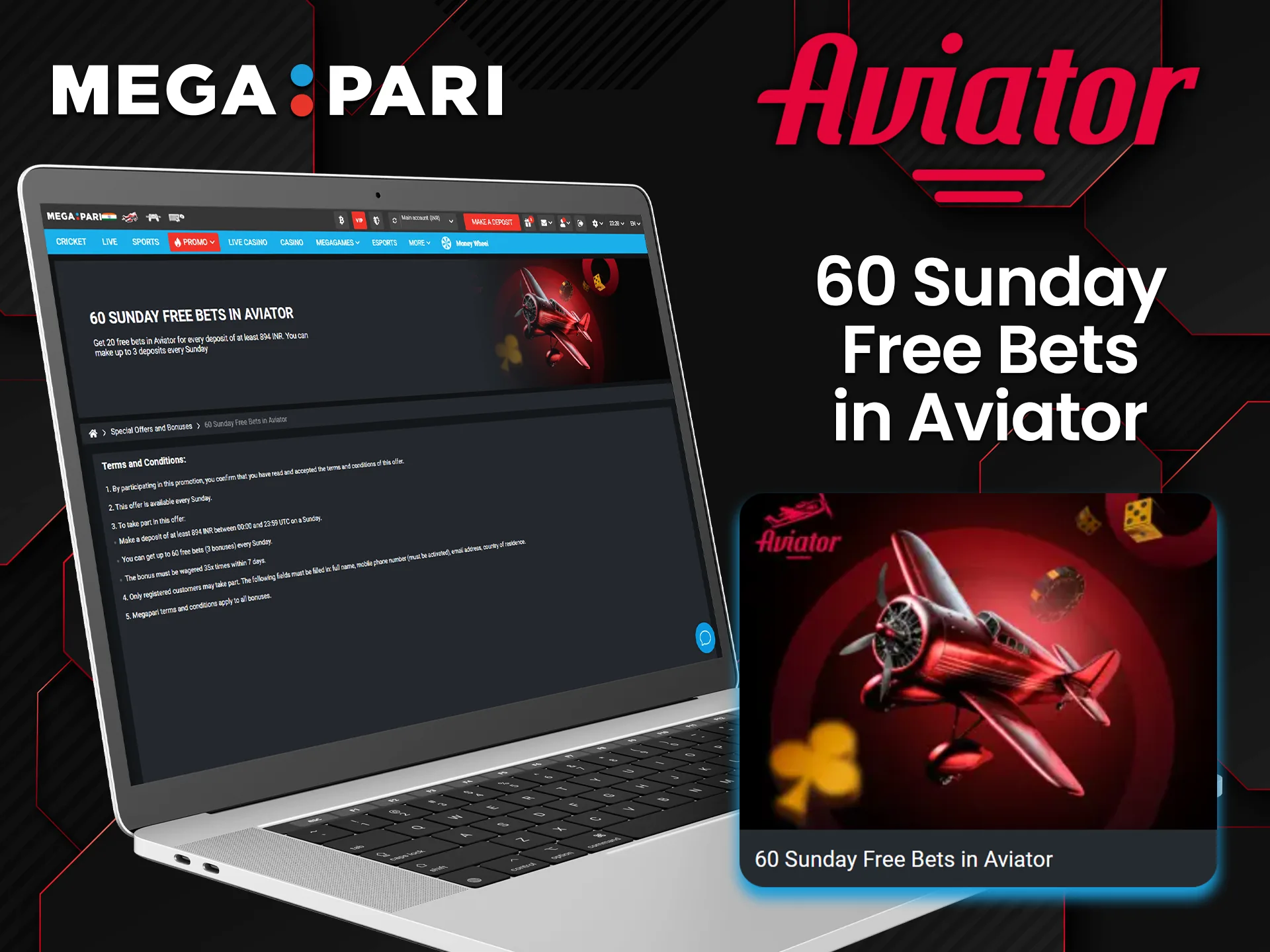 A bonus offer for 60 free bets on the Aviator game is available on Megapari.