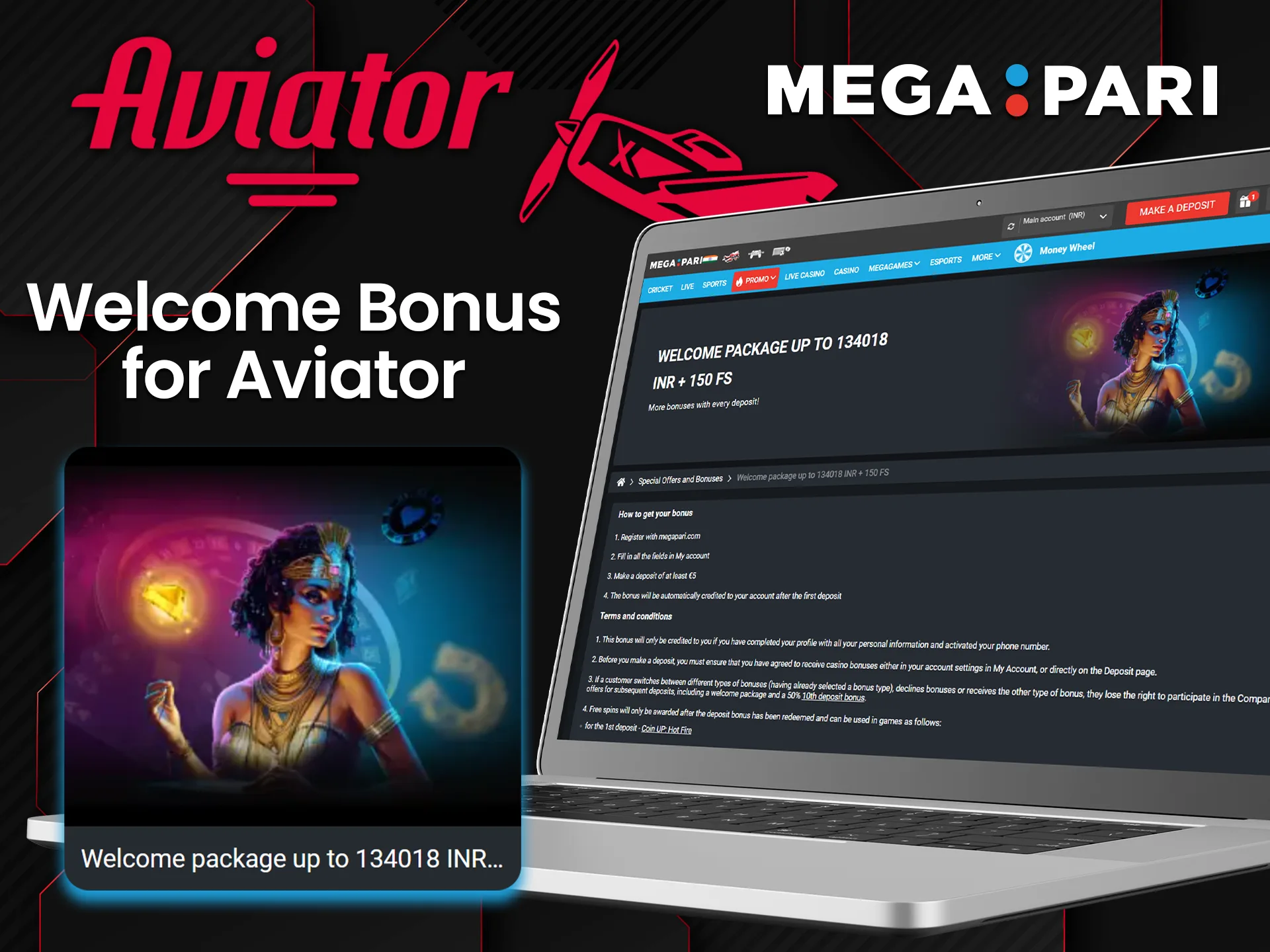 When you register at Megapari you can activate a welcome bonus that can only be used in the Aviator game.