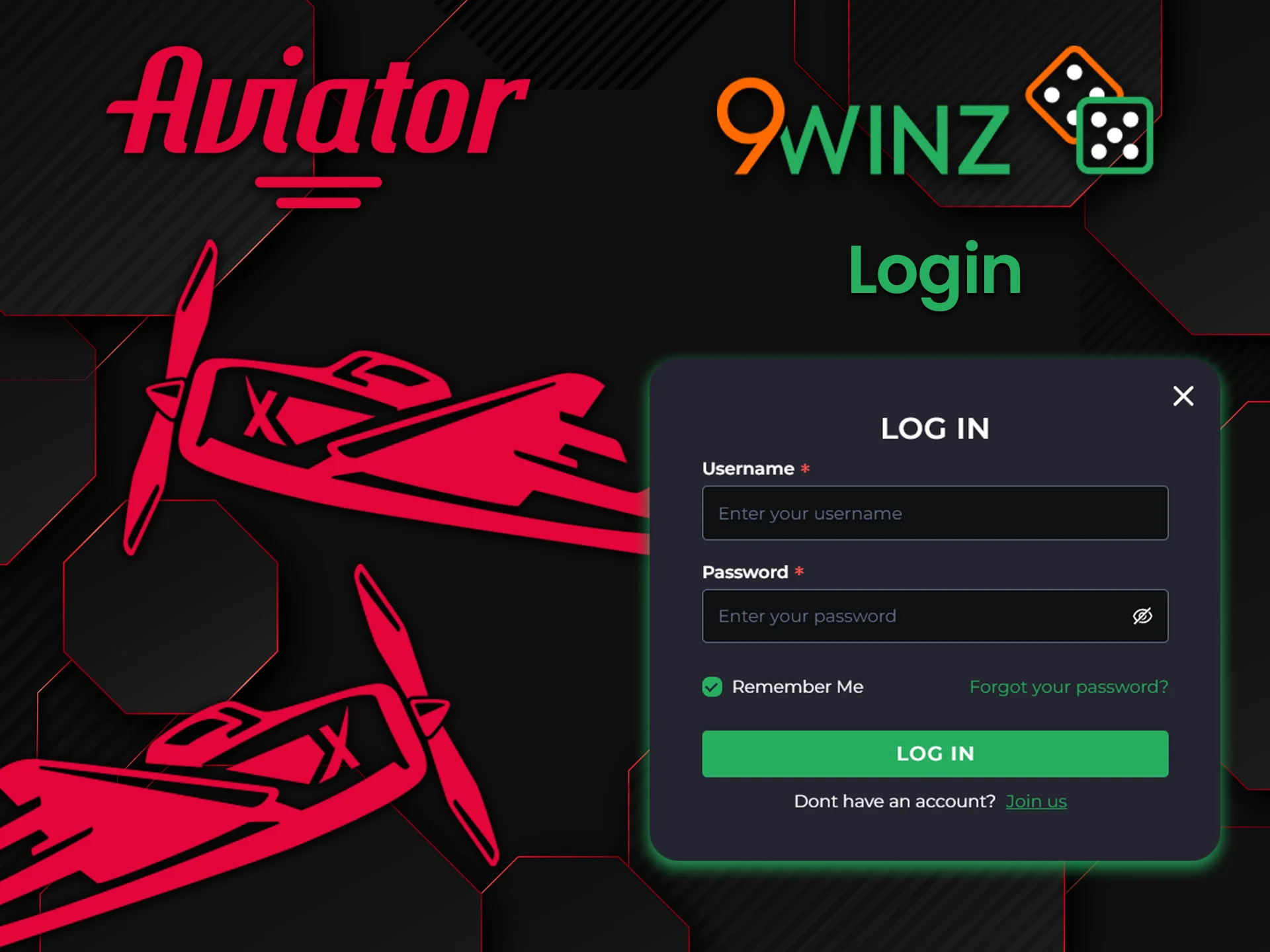 Enter your username and password to log in to 9winz.