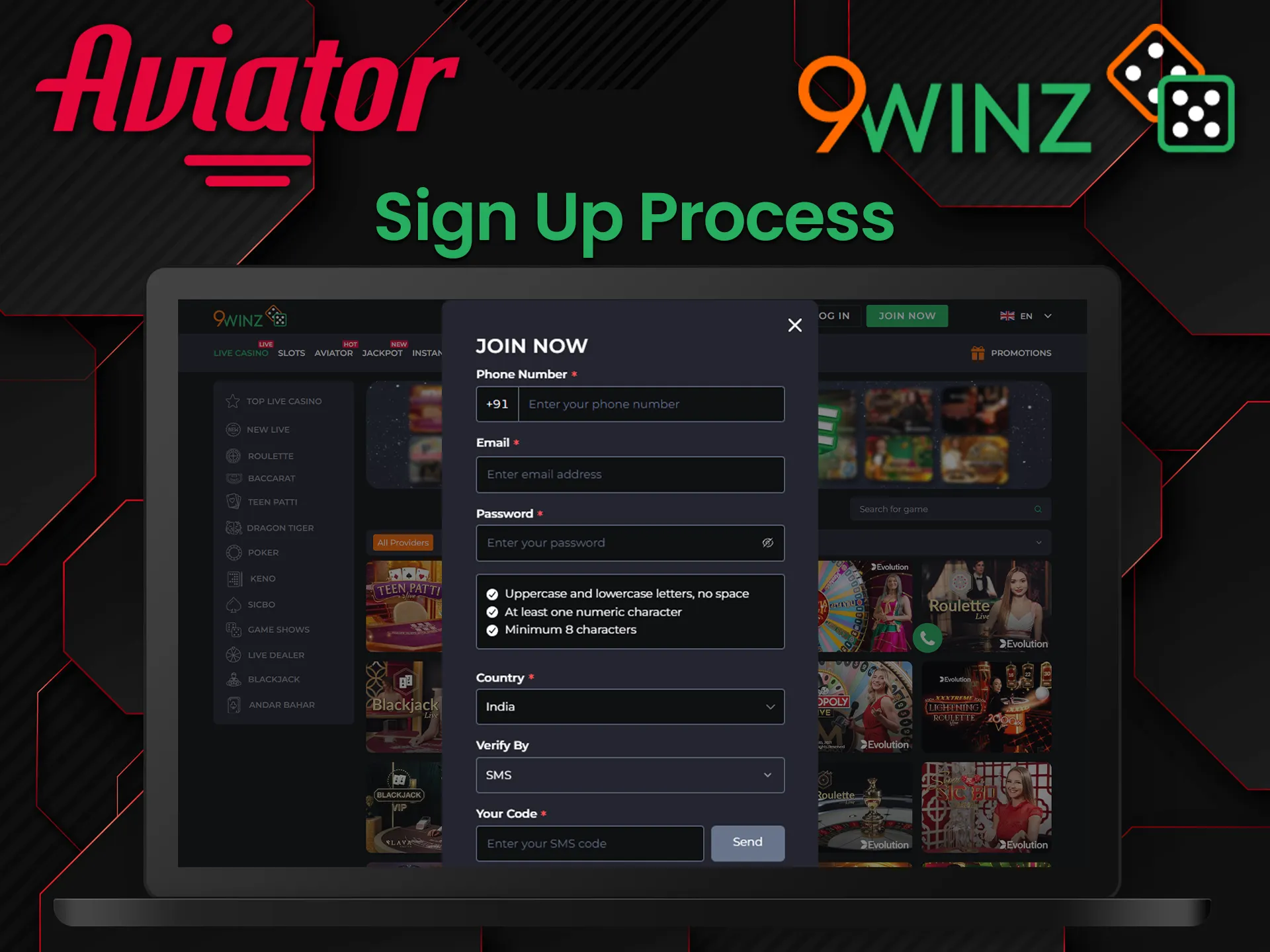 Go to the main page of the 9winz website and register an account to start playing Aviator.