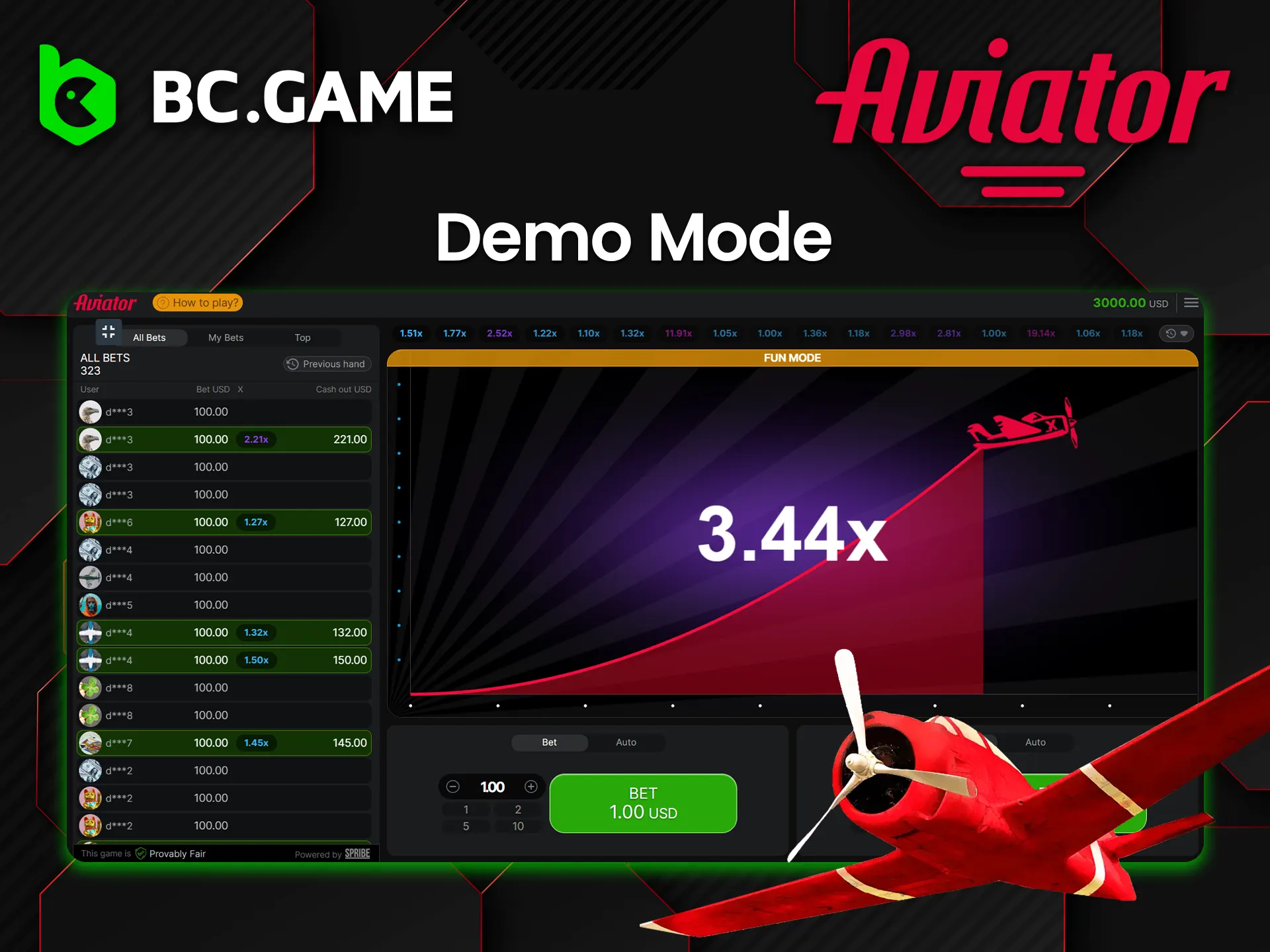 BC Game offers you to try your luck in the Aviator demo mode.