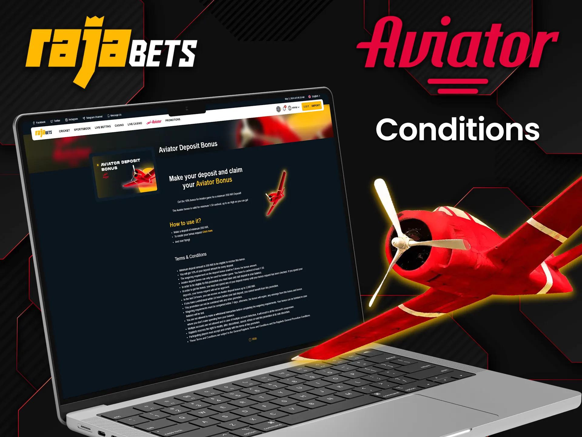 Meet Rajabets terms and conditions to get a bonus at Aviator.