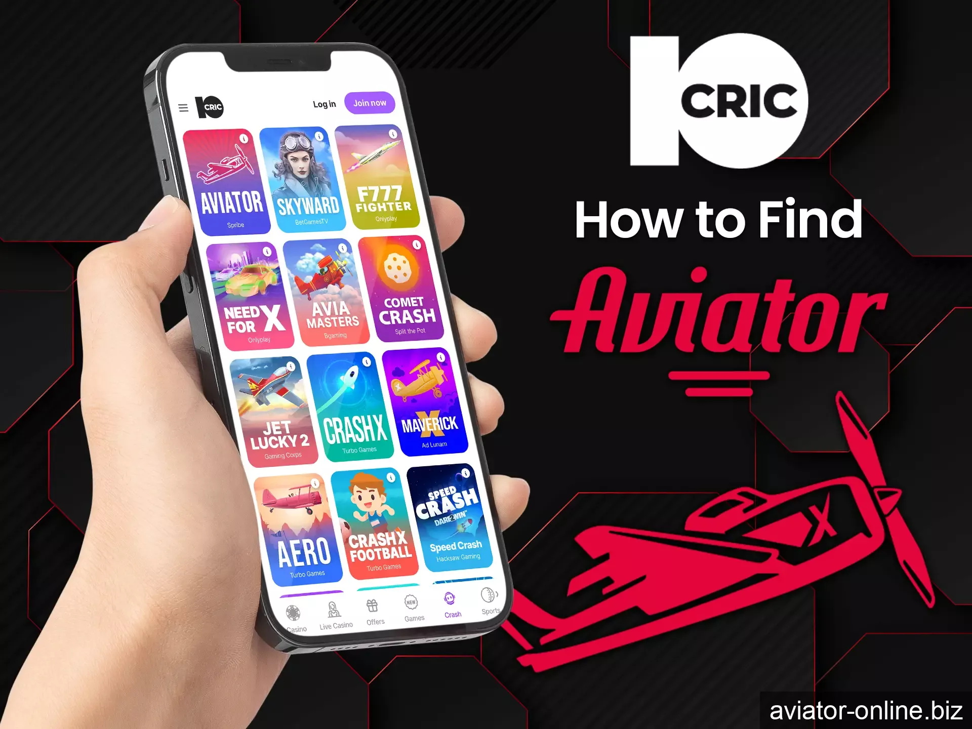 Instructions on how to find Aviator in the 10CRIC app.