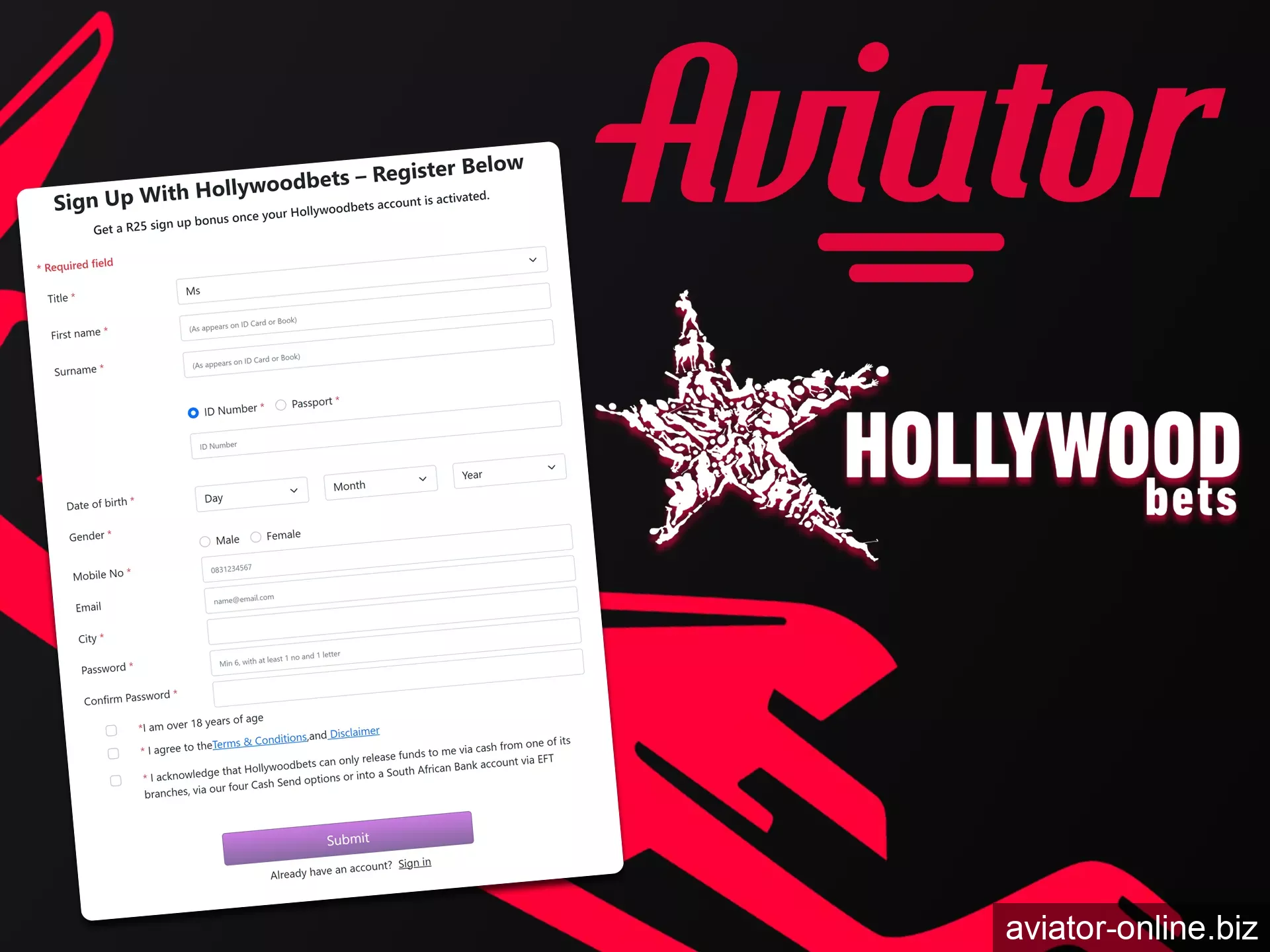 Sign up at Hollywoodbets and start playing Aviator right now.