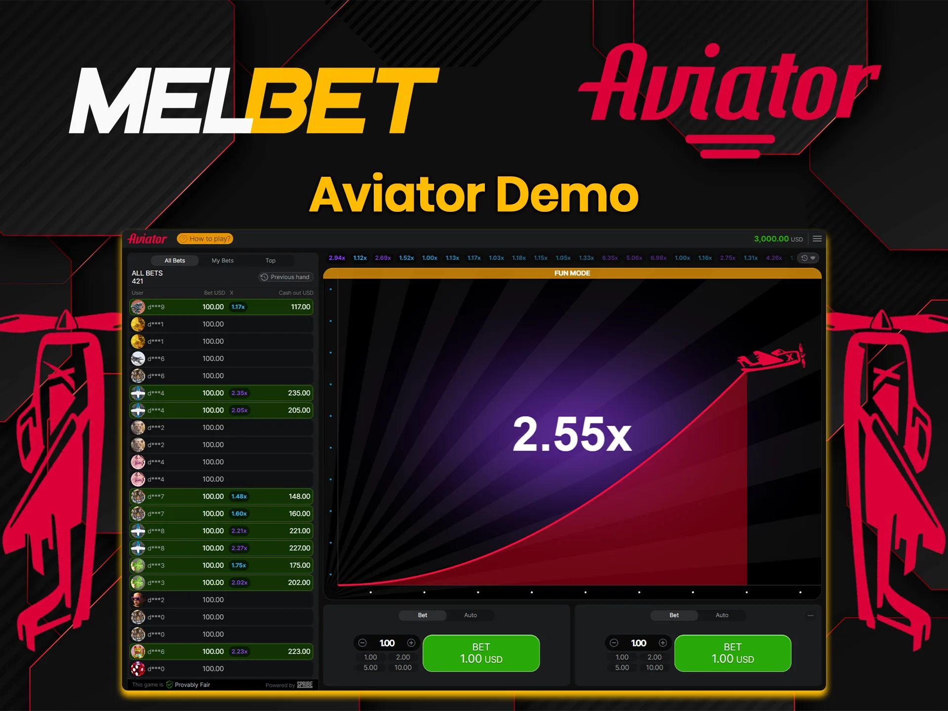 You can familiarize yourself with the Aviator game at Melbet through the demo mode.