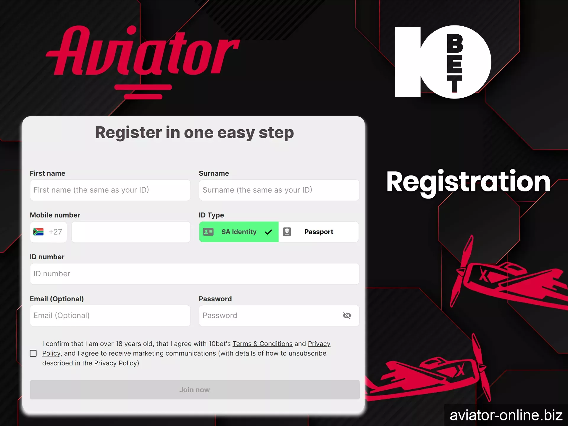 To create an account, you need to provide information to 10Bet's registration form.