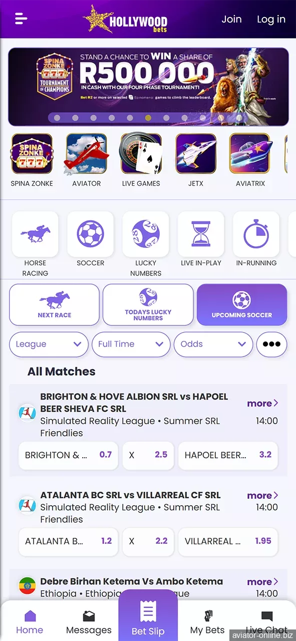 The home page of the Hollywoodbets app displays popular games and events.