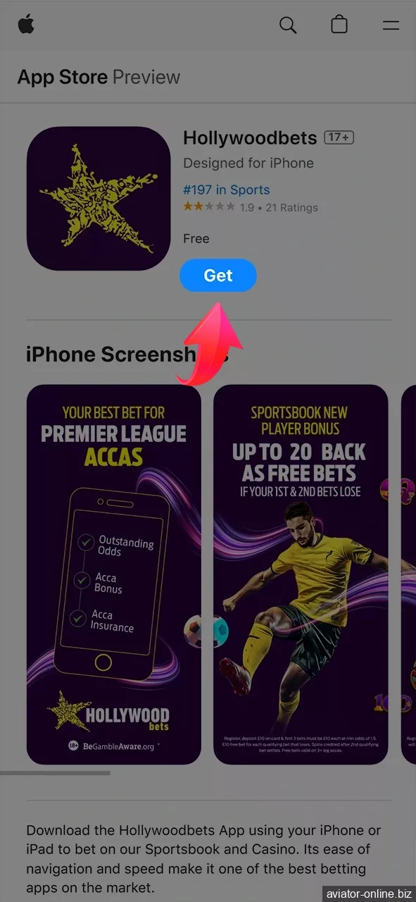 In the App Store that opens, use the button to download the Hollywoodbets app.