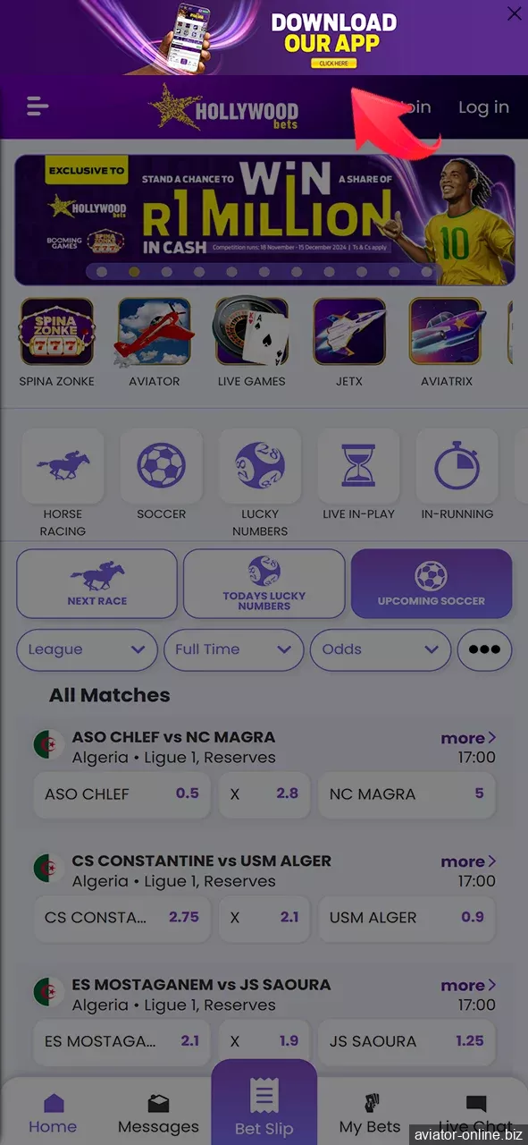 Find the mobile app section of the Hollywoodbets website.