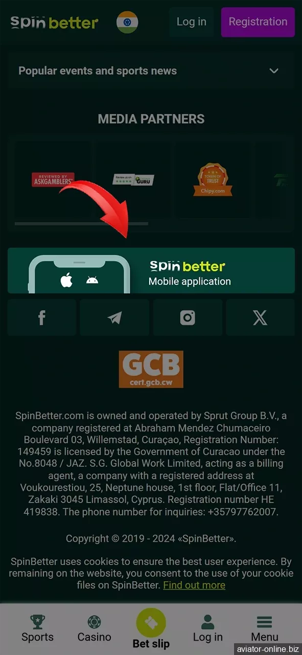 Find the app section at the bottom of the home page of the Spinbetter website.