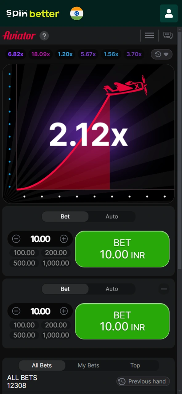 Take a look at the Aviator game interface in the Spinbetter app.