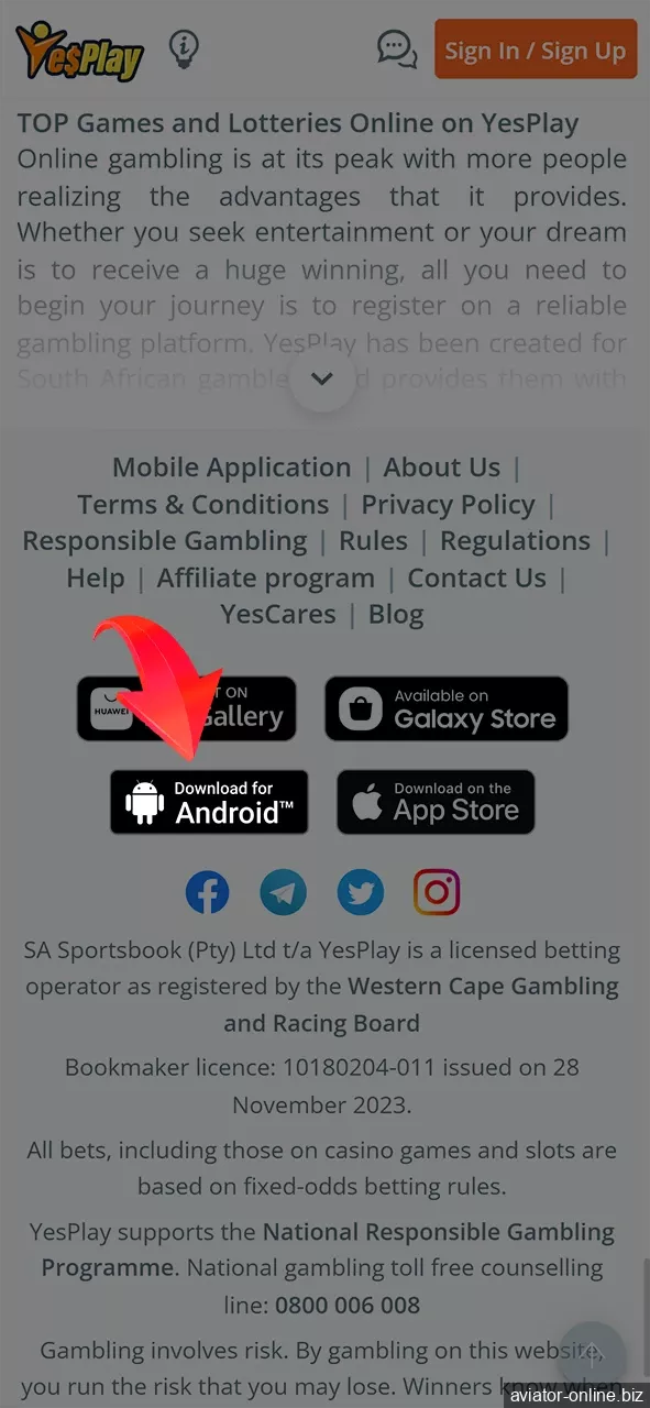 Click on the download button for the YesPlay app for Android.