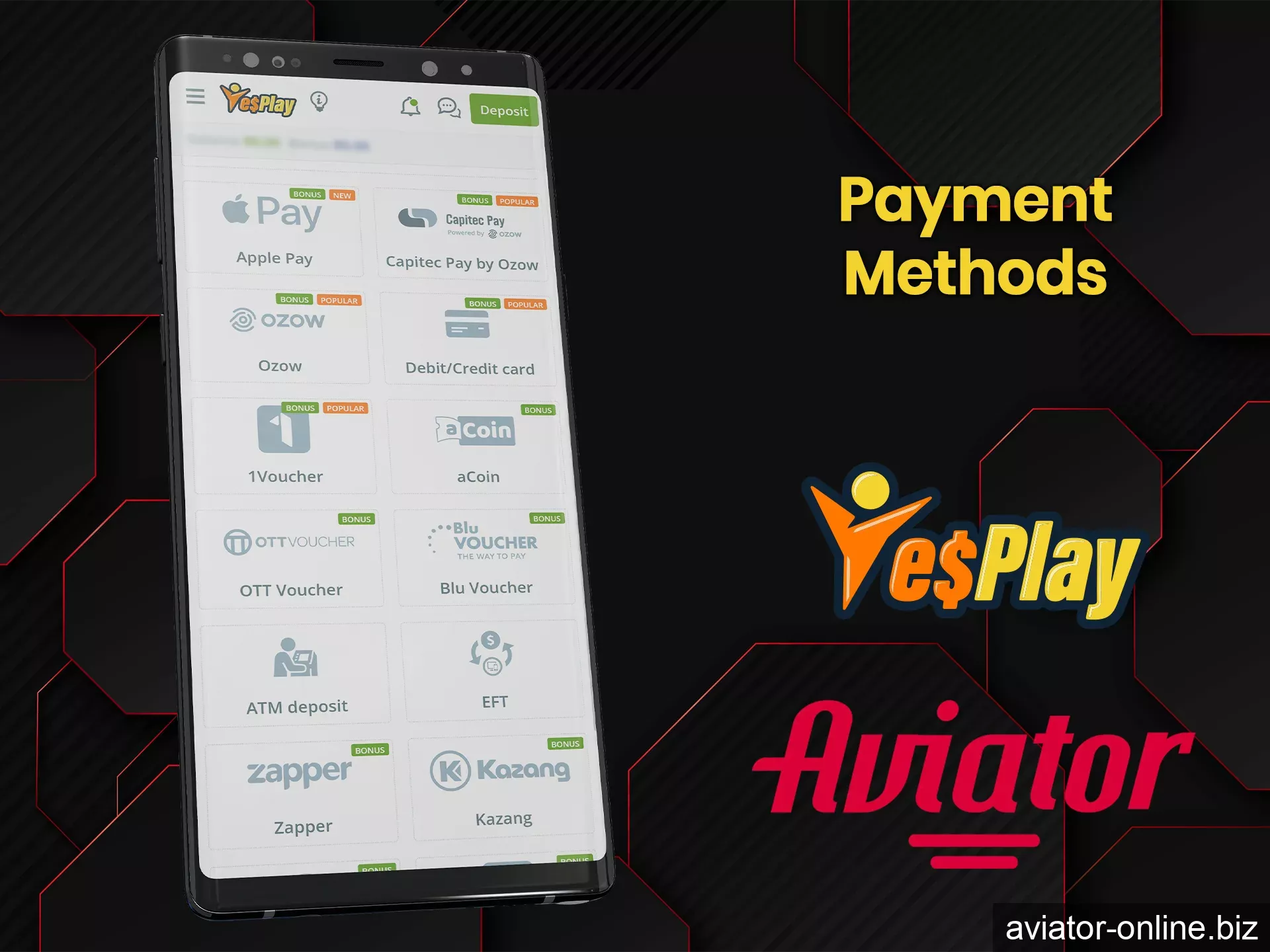 In the YesPlay mobile app you will find a variety of payment systems.