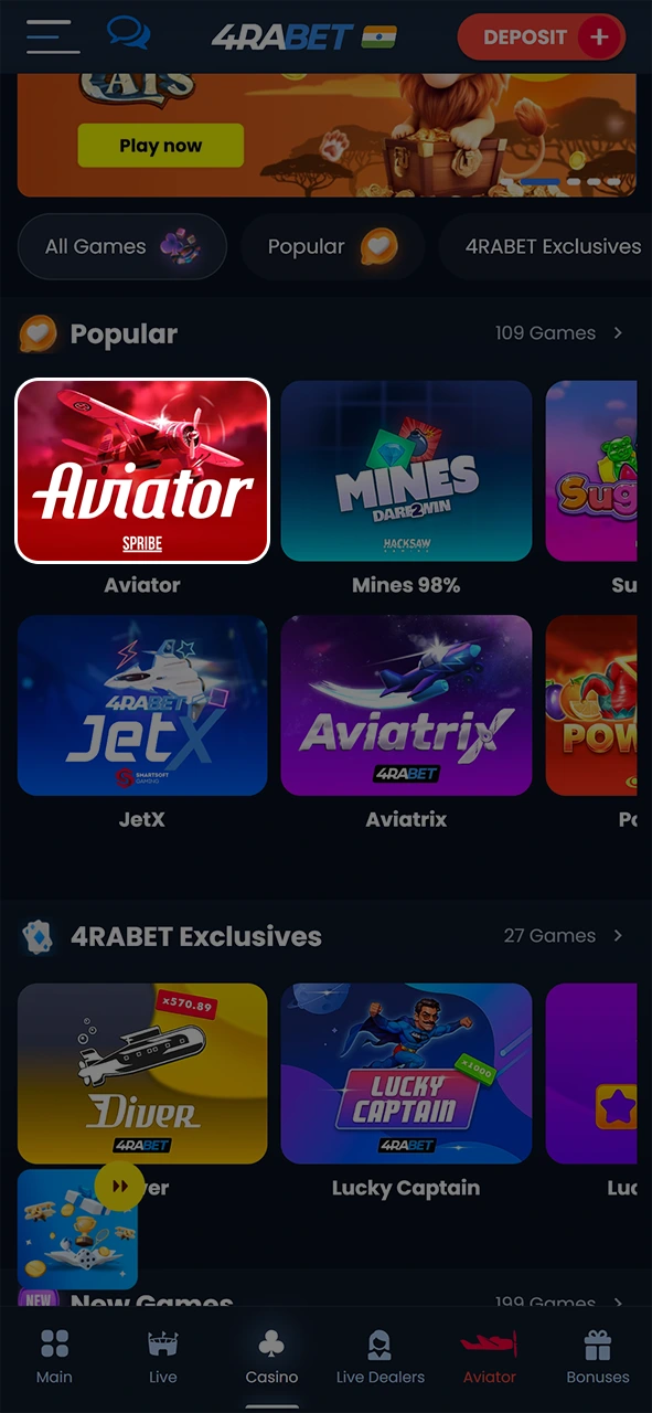 Now you can find the Aviator game in the app and start traveling.