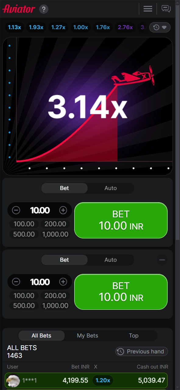 Progression of betting coefficients in Aviator.